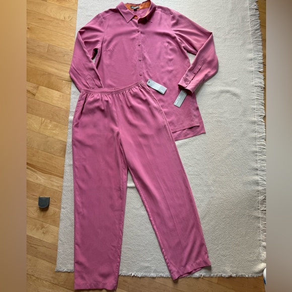 NEW GO Silk Charmeuse Watermelon Pink Button‎ Front Shirt & Pants Set M - Picture 6 of 13